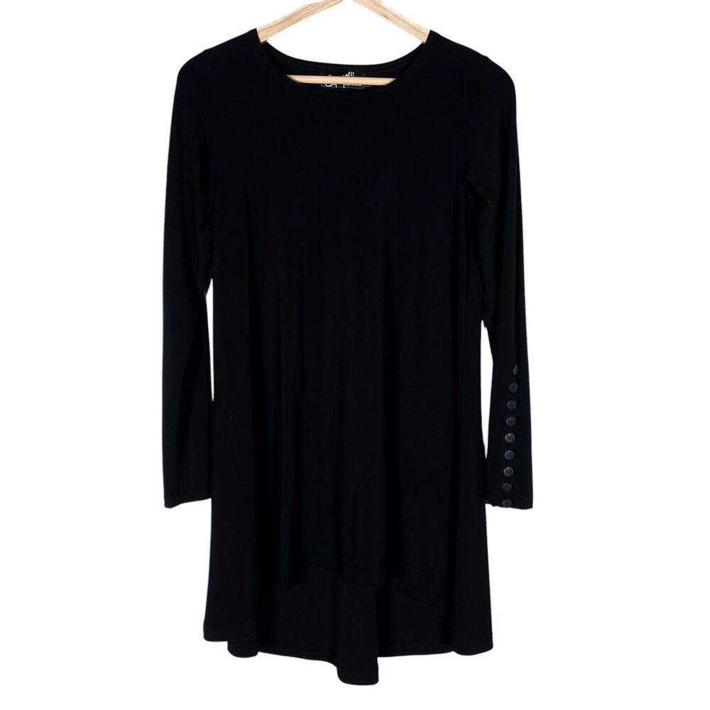 Sympli Womens Tunic Top 4 Black Button Sleeve High Low Hem Modern Softcore Chic